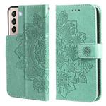 For Samsung Galaxy S21 5G 7-petal Flowers Embossing Pattern Horizontal Flip PU Leather Case with Holder & Card Slots & Wallet & Photo Frame(Green)