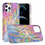 For iPhone 12 / 12 Pro Laser Glitter Watercolor Pattern Shockproof Protective Case with Ring Holder(FD1)