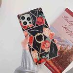 Plating Splicing Pattern Soft TPU Straight-Edge Protective Case with Ring Holder For iPhone 11 Pro(Black Flowers)