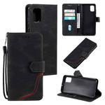 For Samsung Galaxy A02s EU Version Three-color Stitching Calf Texture Horizontal Flip Leather Case with Holder & Card Slots & Wallet(Black)