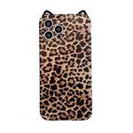 For iPhone 11 Pro Cat Ear Leopard Print TPU Straight Edge Protective Case with Lanyard (Brown)