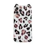 For iPhone 11 Pro Cat Ear Leopard Print TPU Straight Edge Protective Case with Lanyard (White)