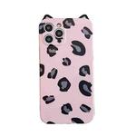 For iPhone 11 Pro Max Cat Ear Leopard Print TPU Straight Edge Protective Case with Lanyard (Pink)
