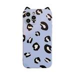 For iPhone 12 Cat Ear Leopard Print TPU Straight Edge Protective Case with Lanyard(Blue Purple)