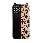 For iPhone 12 Cat Ear Leopard Print TPU Straight Edge Protective Case with Lanyard(Black Color Matching)