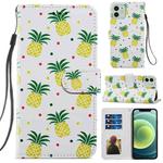 For iPhone 12 / 12 Pro Painted Pattern Horizontal Flip Leather Case with Holder & Card Slots & Photo Frame(Pineapple)