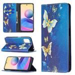 For Xiaomi Poco M3 Pro / Redmi Note 10 5G Colored Drawing Pattern Invisible Magnetic Horizontal Flip PU Leather Case with Holder & Card Slots & Wallet(Gold Butterflies)