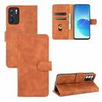 For OPPO Reno6 Solid Color Skin Feel Magnetic Buckle Horizontal Flip Calf Texture PU Leather Case with Holder & Card Slots & Wallet(Brown)