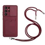 For Samsung Galaxy S21 Ultra 5G Sliding Camera Cover Design TPU Protective Case with Card Slot & Neck Lanyard(Wine Red)