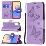 For Xiaomi Poco M3 Pro / Redmi Note 10 5G Embossing Two Butterflies Pattern Horizontal Flip PU Leather Case with Holder & Card Slot & Wallet & Lanyard(Purple)