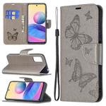 For Xiaomi Poco M3 Pro / Redmi Note 10 5G Embossing Two Butterflies Pattern Horizontal Flip PU Leather Case with Holder & Card Slot & Wallet & Lanyard(Grey)