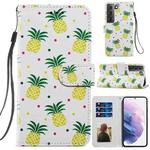 For Samsung Galaxy S21 5G Painted Pattern Horizontal Flip Leather Case with Holder & Card Slots & Photo Frame(Pineapple)