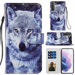 For Samsung Galaxy S21 5G Painted Pattern Horizontal Flip Leather Case with Holder & Card Slots & Photo Frame(White Wolf)
