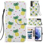 For Samsung Galaxy S21 FE 5G Painted Pattern Horizontal Flip Leather Case with Holder & Card Slots & Photo Frame(Pineapple)