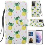 For Samsung Galaxy S21 Ultra 5G Painted Pattern Horizontal Flip Leather Case with Holder & Card Slots & Photo Frame(Pineapple)