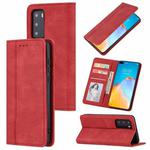 For Huawei P40 Pro Skin Feel Pressure Line Magnetic Horizontal Flip Leather Case with Holder & Card Slot & Wallet & Photo Frame(Red)