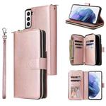 For Samsung Galaxy S21 Zipper Wallet Bag Horizontal Flip PU Leather Case with Holder & 9 Card Slots & Wallet & Lanyard & Photo Frame(Rose Gold)