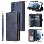 For Samsung Galaxy S21 FE Zipper Wallet Bag Horizontal Flip PU Leather Case with Holder & 9 Card Slots & Wallet & Lanyard & Photo Frame(Blue)