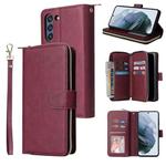 For Samsung Galaxy S21 FE Zipper Wallet Bag Horizontal Flip PU Leather Case with Holder & 9 Card Slots & Wallet & Lanyard & Photo Frame(Red Wine)