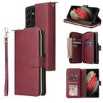 For Samsung Galaxy S21 Ultra Zipper Wallet Bag Horizontal Flip PU Leather Case with Holder & 9 Card Slots & Wallet & Lanyard & Photo Frame(Red Wine)