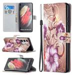 For Samsung Galaxy S21 Ultra 5G Colored Drawing Pattern Horizontal Flip PU Leather Case with Holder & Card Slots & Wallet & Lanyard(Lotus)