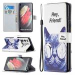 For Samsung Galaxy S21 Ultra 5G Colored Drawing Pattern Horizontal Flip PU Leather Case with Holder & Card Slots & Wallet & Lanyard(Cruel Cat)
