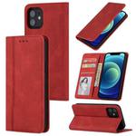 For iPhone 11 Skin Feel Pressure Line Magnetic Horizontal Flip Leather Case with Holder & Card Slot & Wallet & Photo Frame (Red)