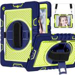 For iPad 10.2 2021 / 2020 / 2019 360 Degree Rotation Contrast Color Shockproof Silicone + PC Case with Holder & Hand Grip Strap & Shoulder Strap (Navy+Yellow Green)