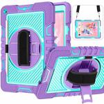 For iPad 10.2 2021 / 2020 / 2019 360 Degree Rotation Contrast Color Shockproof Silicone + PC Case with Holder & Hand Grip Strap & Shoulder Strap (Purple + Mint Green)