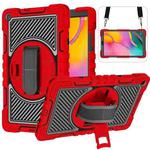 For Samsung Galaxy Tab A 10.1 2019 T515 360 Degree Rotation Contrast Color Shockproof Silicone + PC Case with Holder & Hand Grip Strap & Shoulder Strap(Red+Black)