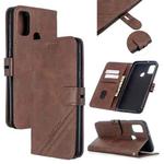 For Samsung Galaxy A21s Stitching Style 2-Color Cow Texture Horizontal Flip PU Leather Case with Holder & Card Slot & Lanyard(Brown)