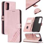 For Samsung Galaxy A42 5G Stitching Style 2-Color Cow Texture Horizontal Flip PU Leather Case with Holder & Card Slot & Lanyard(Rose Gold)