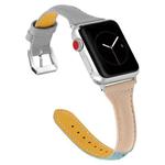 Three-color T-shape Leather Watch Band For Apple Watch Series 9&8&7 41mm / SE 3&SE 2&6&SE&5&4 40mm / 3&2&1 38mm (Blue Apricot + Grey)