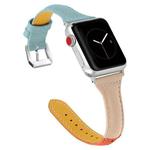 Three-color T-shape Leather Watch Band For Apple Watch Ultra 49mm / Series 8&7 45mm / SE 2&6&SE&5&4 44mm / 3&2&1 42mm (Orange Apricot + Blue)