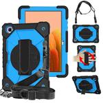 For Samsung Galaxy Tab A7 T500 / T505 Contrast Color Robot Shockproof Silicon + PC Protective Case with Holder & Shoulder Strap(Black+Blue)