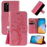 For Huawei P40 Embossed Lucky Tree Horizontal Flip Leather Case with Holder & Card Slot & Wallet & Lanyard(Pink)