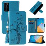 For Huawei P40 Embossed Lucky Tree Horizontal Flip Leather Case with Holder & Card Slot & Wallet & Lanyard(Blue)