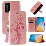 For Huawei P40 Pro Embossed Lucky Tree Horizontal Flip Leather Case with Holder & Card Slot & Wallet & Lanyard(Rose Gold)