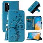 For Huawei P40 Pro Embossed Lucky Tree Horizontal Flip Leather Case with Holder & Card Slot & Wallet & Lanyard(Blue)