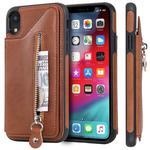 For iPhone XR Solid Color Double Buckle Zipper Shockproof Protective Case(Brown)