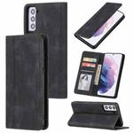 For Samsung Galaxy S21 5G Skin Feel Pressure Line Magnetic Horizontal Flip Leather Case with Holder & Card Slot & Wallet & Photo Frame(Black)