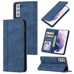 For Samsung Galaxy S21 5G Skin Feel Pressure Line Magnetic Horizontal Flip Leather Case with Holder & Card Slot & Wallet & Photo Frame(Blue)