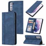 For Samsung Galaxy S21+ 5G Skin Feel Pressure Line Magnetic Horizontal Flip Leather Case with Holder & Card Slot & Wallet & Photo Frame(Blue)