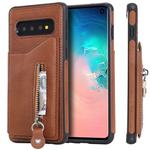 For Galaxy S10 Solid Color Double Buckle Zipper Shockproof Protective Case(Brown)