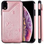For iPhone XR Cat Bee Embossing Pattern Shockproof Protective Case with Card Slots & Photo Frame(Rose Gold)