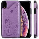 For iPhone XR Cat Bee Embossing Pattern Shockproof Protective Case with Card Slots & Photo Frame(Purple)