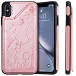 For iPhone XS Max Cat Bee Embossing Pattern Shockproof Protective Case with Card Slots & Photo Frame(Rose Gold)