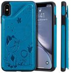 For iPhone XS Max Cat Bee Embossing Pattern Shockproof Protective Case with Card Slots & Photo Frame(Blue)