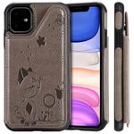 For iPhone 11 Cat Bee Embossing Pattern Shockproof Protective Case with Card Slots & Photo Frame(Grey)