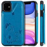 For iPhone 11 Cat Bee Embossing Pattern Shockproof Protective Case with Card Slots & Photo Frame(Blue)